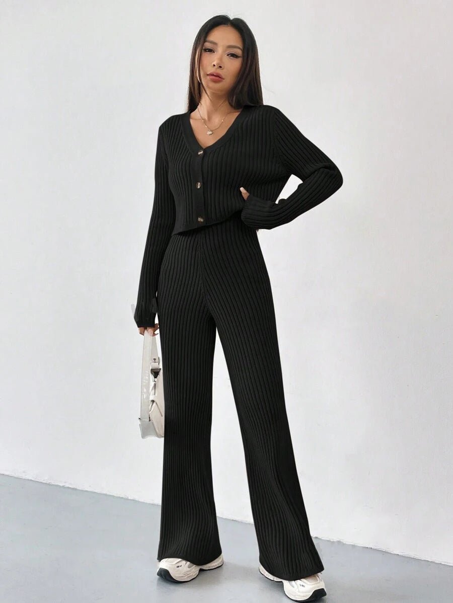 Women’s Solid Color Casual Suit – Elegant Long Sleeve Two - Piece Button Top Set, Autumn 2025 Collection - Negative Apparel