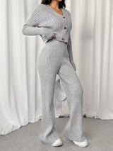 Women’s Solid Color Casual Suit – Elegant Long Sleeve Two - Piece Button Top Set, Autumn 2025 Collection - Negative Apparel