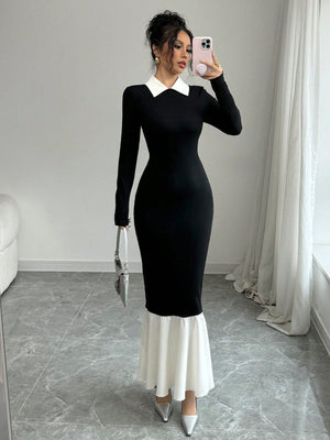 Women's Solid Color Contrast Collar Long Sleeve Slim Fit Dress - Negative Apparel