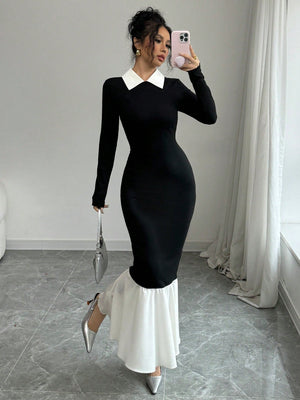 Women's Solid Color Contrast Collar Long Sleeve Slim Fit Dress - Negative Apparel