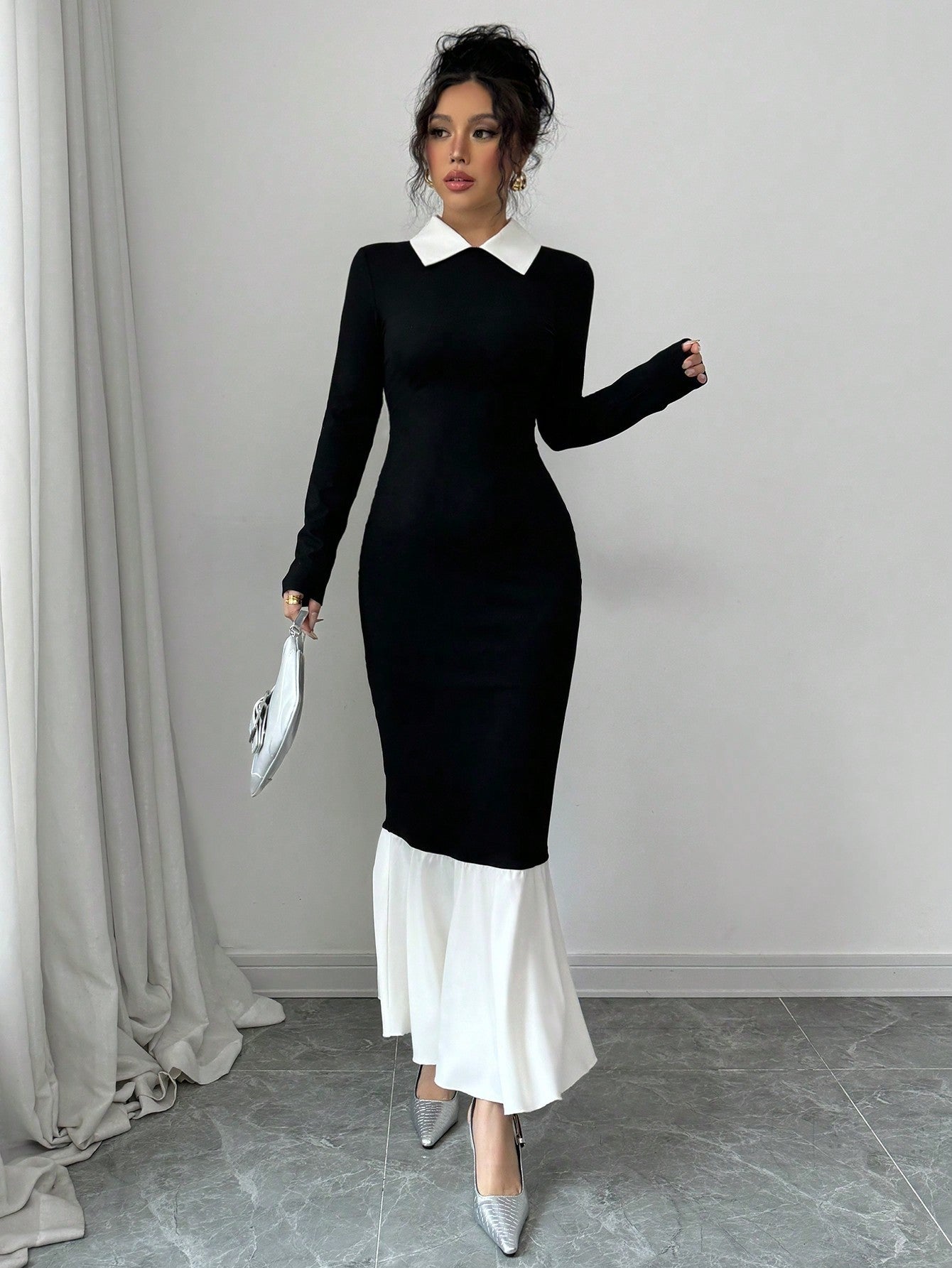 Women's Solid Color Contrast Collar Long Sleeve Slim Fit Dress - Negative Apparel