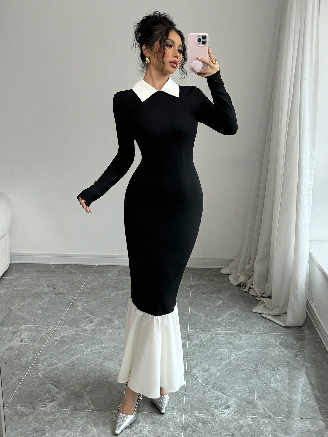 Women's Solid Color Contrast Collar Long Sleeve Slim Fit Dress - Negative Apparel