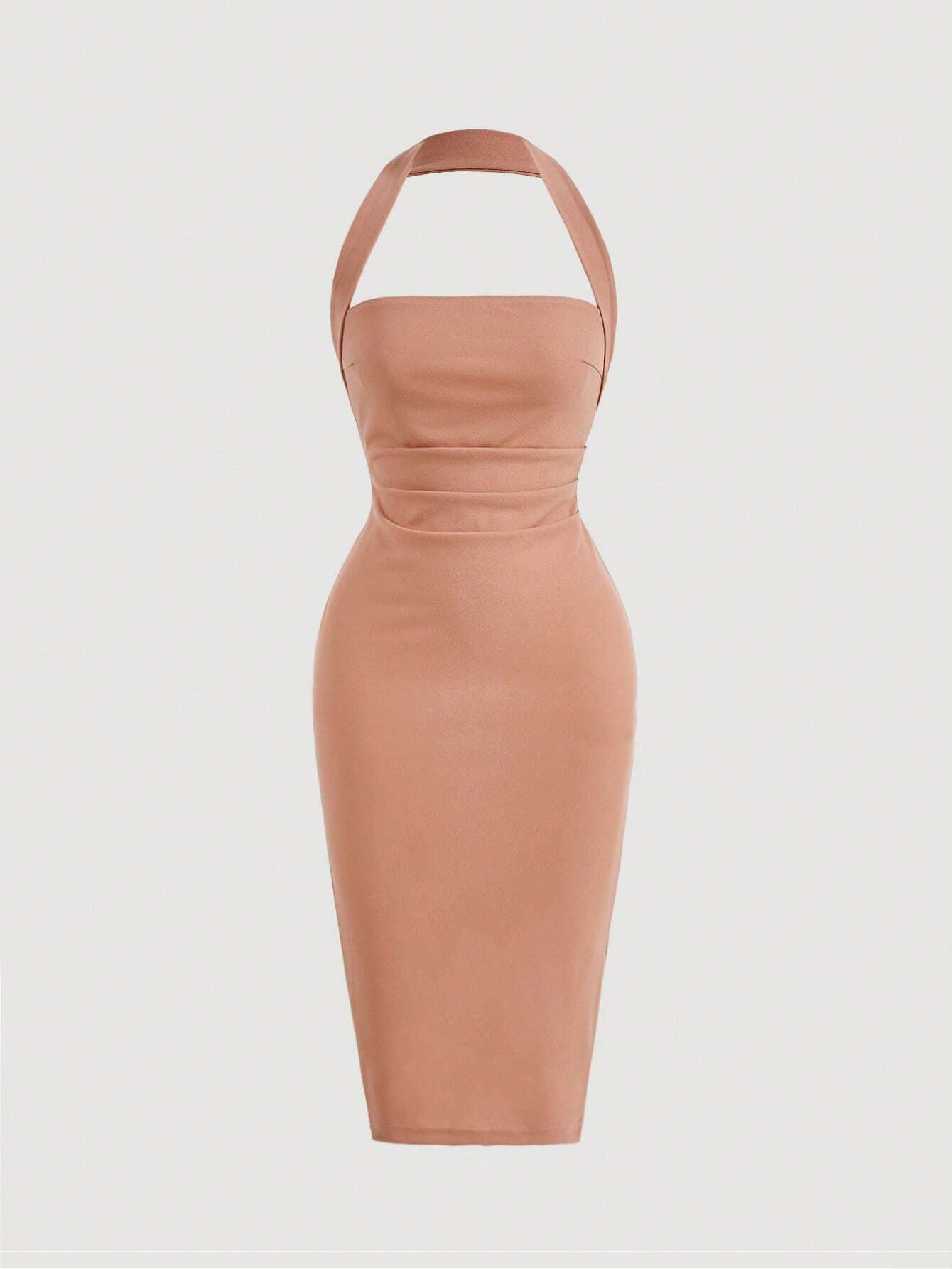 Women's Solid Color Halter Neck Fitted Long Dress, Casual Everyday Wear - Negative Apparel