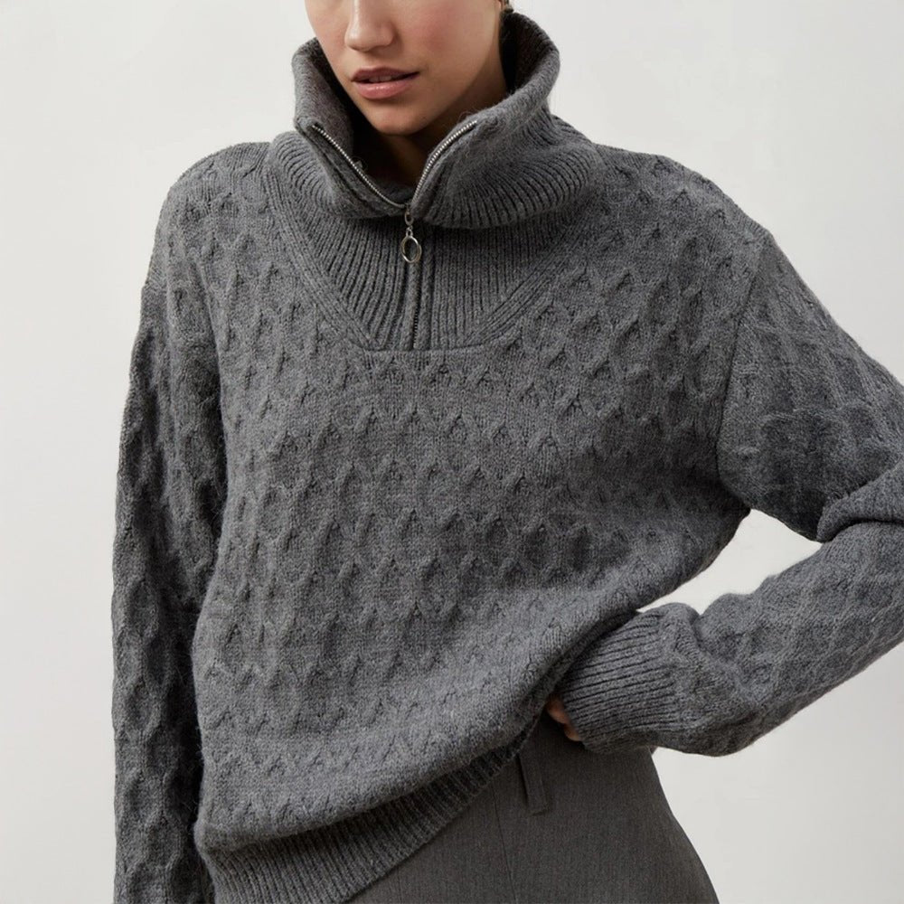 Women’s Solid Color High - Neck Knit Sweater | Chain Flower Pullover | Loose Korean Style | Autumn 2025 - Negative Apparel