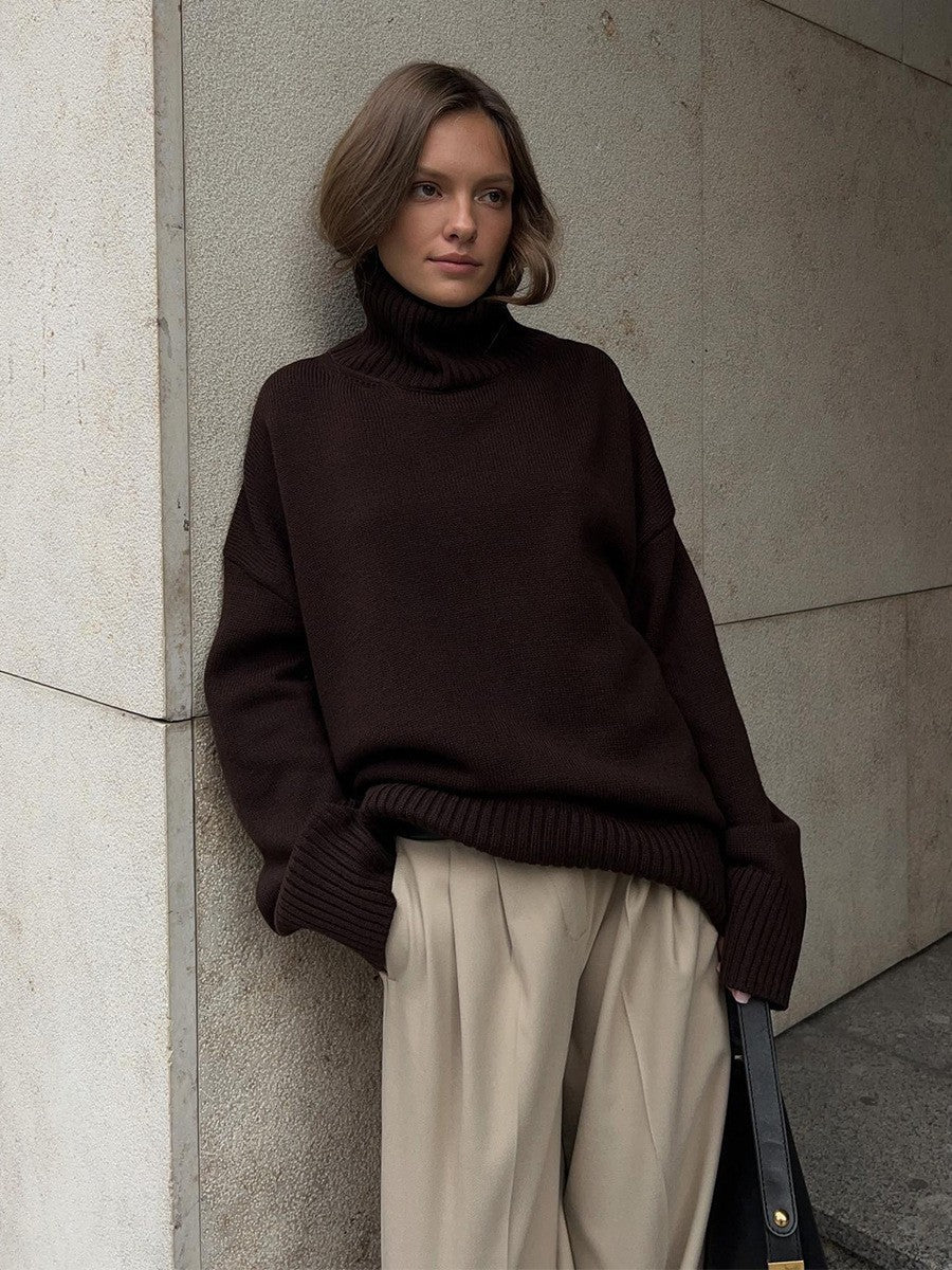 Women’s Solid Color High Neck Knit Sweater | Minimalist Loose Pullover | Autumn 2025 - Negative Apparel