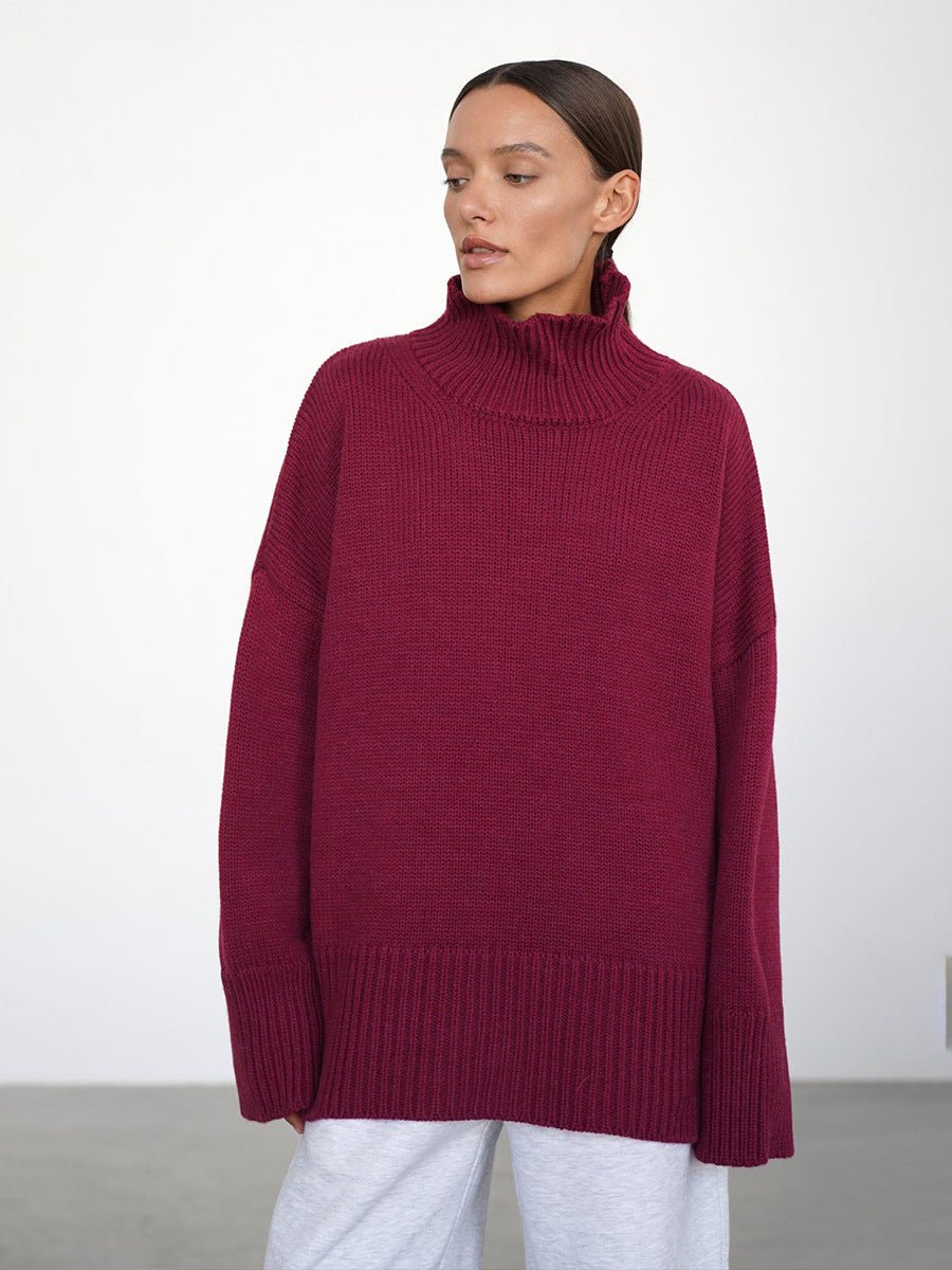 Women’s Solid Color High Neck Knit Sweater | Minimalist Loose Pullover | Autumn 2025 - Negative Apparel