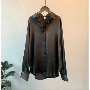 Women’s Solid Color Lapel Loose Fit Shirt | Long Sleeve Button - Down – Autumn 2025 - Negative Apparel