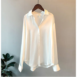 Women’s Solid Color Lapel Loose Fit Shirt | Long Sleeve Button - Down – Autumn 2025 - Negative Apparel