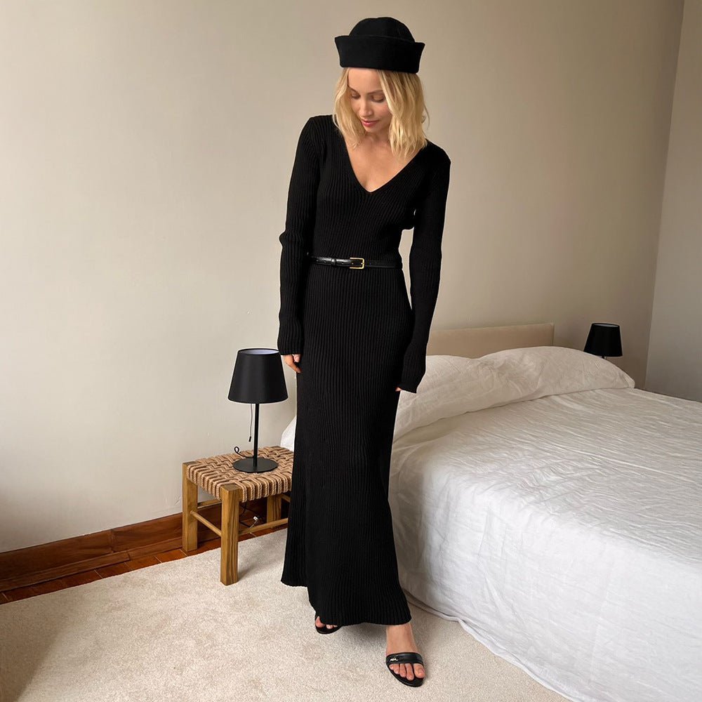 Women’s Solid Color Long Sleeve V - Neck Bodycon Dress | Pure Desire Celebrity Style | Summer 2025 - Negative Apparel