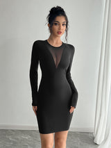 Women's solid color mesh stitching chest design long - sleeved slim dress - Negative Apparel