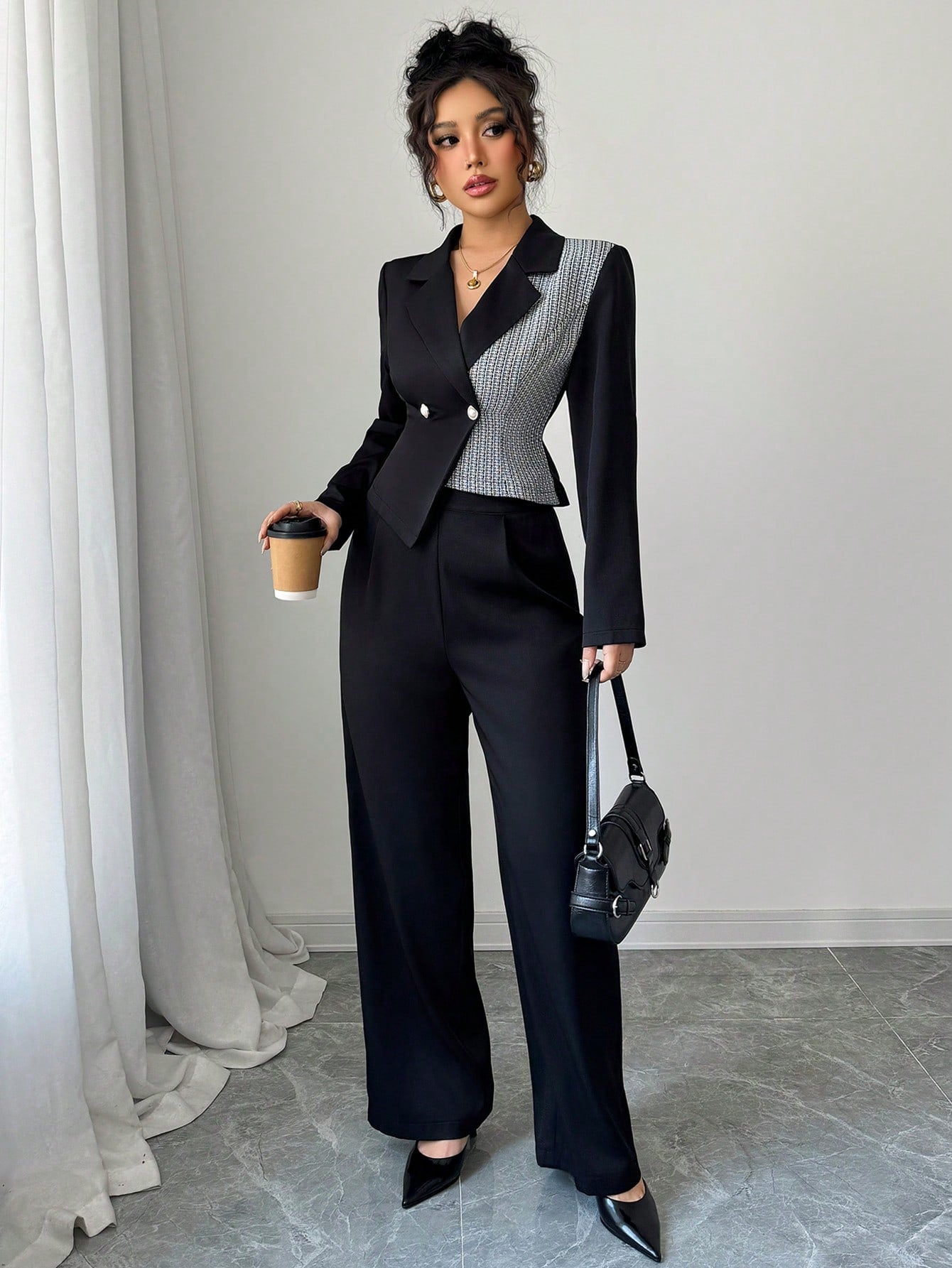 Women's Solid Color Patchwork Front Button Minimalist Blouse And Trousers Suit - Negative Apparel