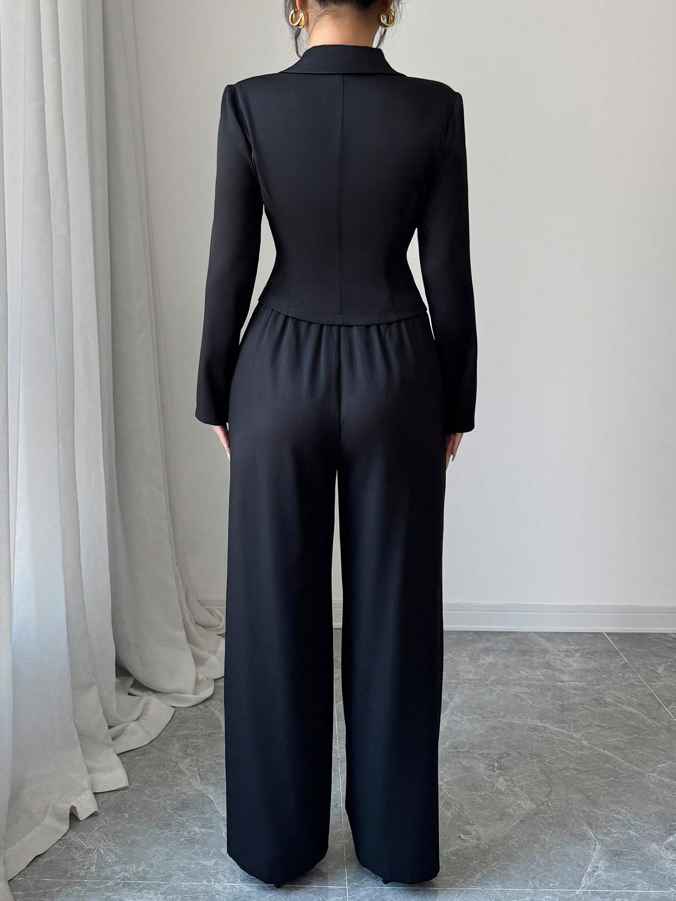 Women's Solid Color Patchwork Front Button Minimalist Blouse And Trousers Suit - Negative Apparel
