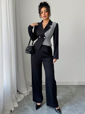 Women's Solid Color Patchwork Front Button Minimalist Blouse And Trousers Suit - Negative Apparel