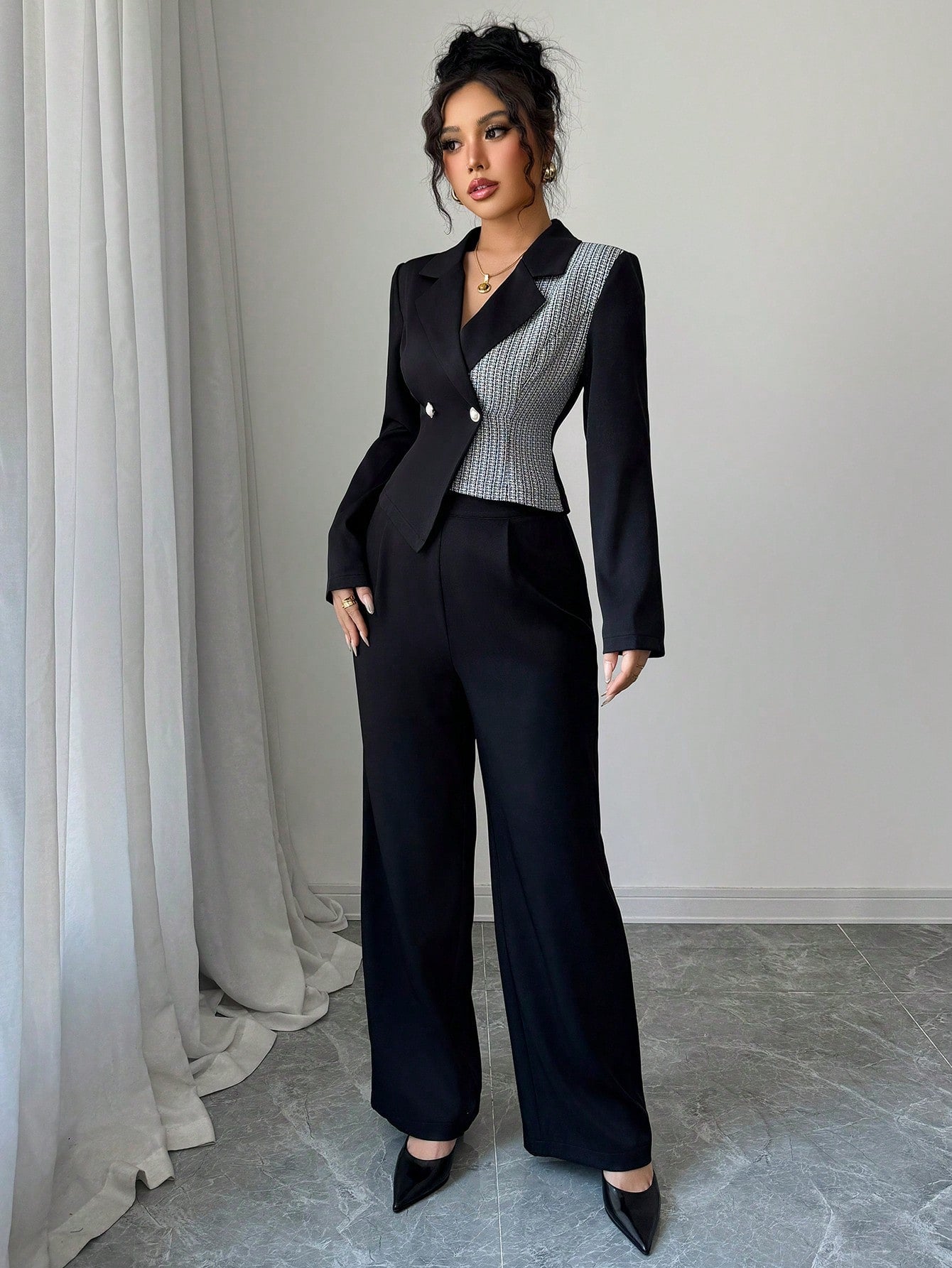 Women's Solid Color Patchwork Front Button Minimalist Blouse And Trousers Suit - Negative Apparel