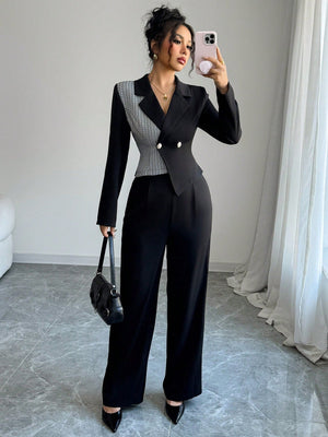 Women's Solid Color Patchwork Front Button Minimalist Blouse And Trousers Suit - Negative Apparel