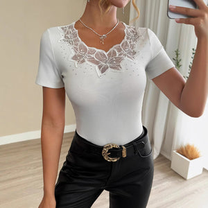 Women's solid color rhinestone patch slim short - sleeved women's T-shirt - Negative Apparel