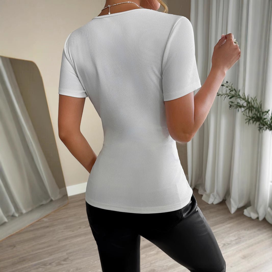 Women's solid color rhinestone patch slim short - sleeved women's T-shirt - Negative Apparel