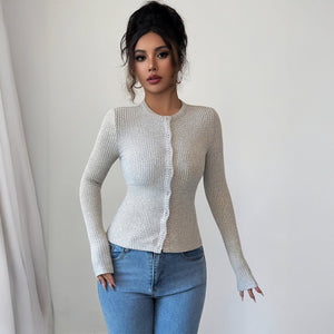 Women’s Solid Color Round - Neck Knitted Cardigan | Elegant Long Sleeve Sweater – Winters 2025 - Negative Apparel