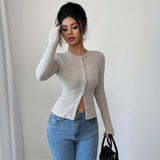 Women’s Solid Color Round - Neck Knitted Cardigan | Elegant Long Sleeve Sweater – Winters 2025 - Negative Apparel
