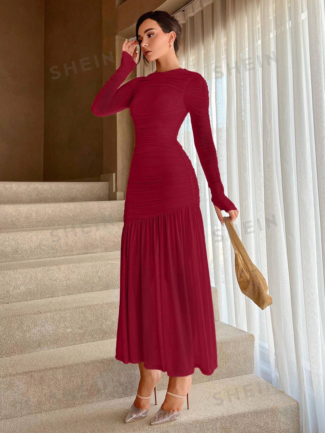 Women's Solid Color Round Neck Slim Fit Fishtail Hem Dress - Negative Apparel