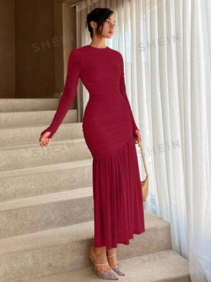 Women's Solid Color Round Neck Slim Fit Fishtail Hem Dress - Negative Apparel