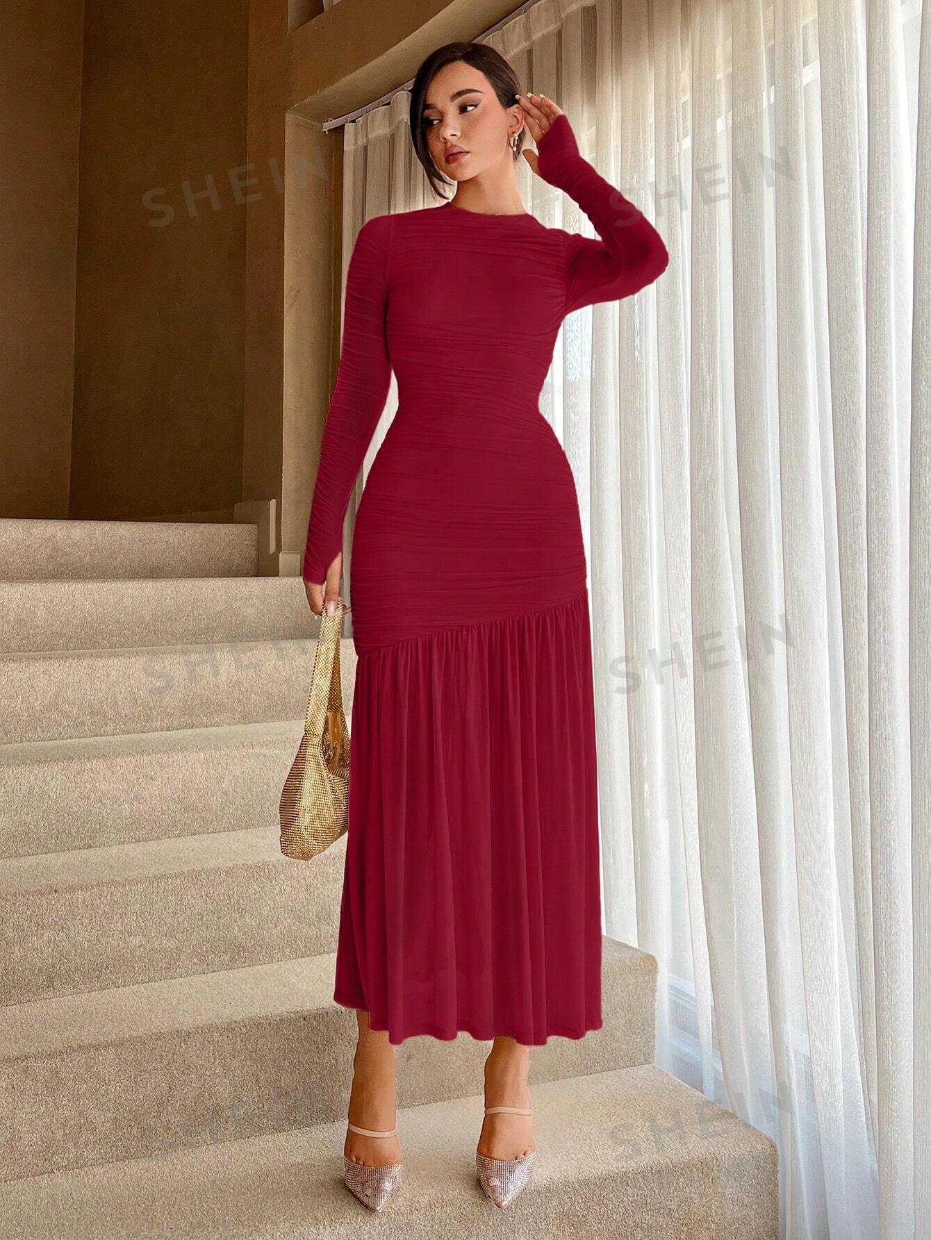 Women's Solid Color Round Neck Slim Fit Fishtail Hem Dress - Negative Apparel