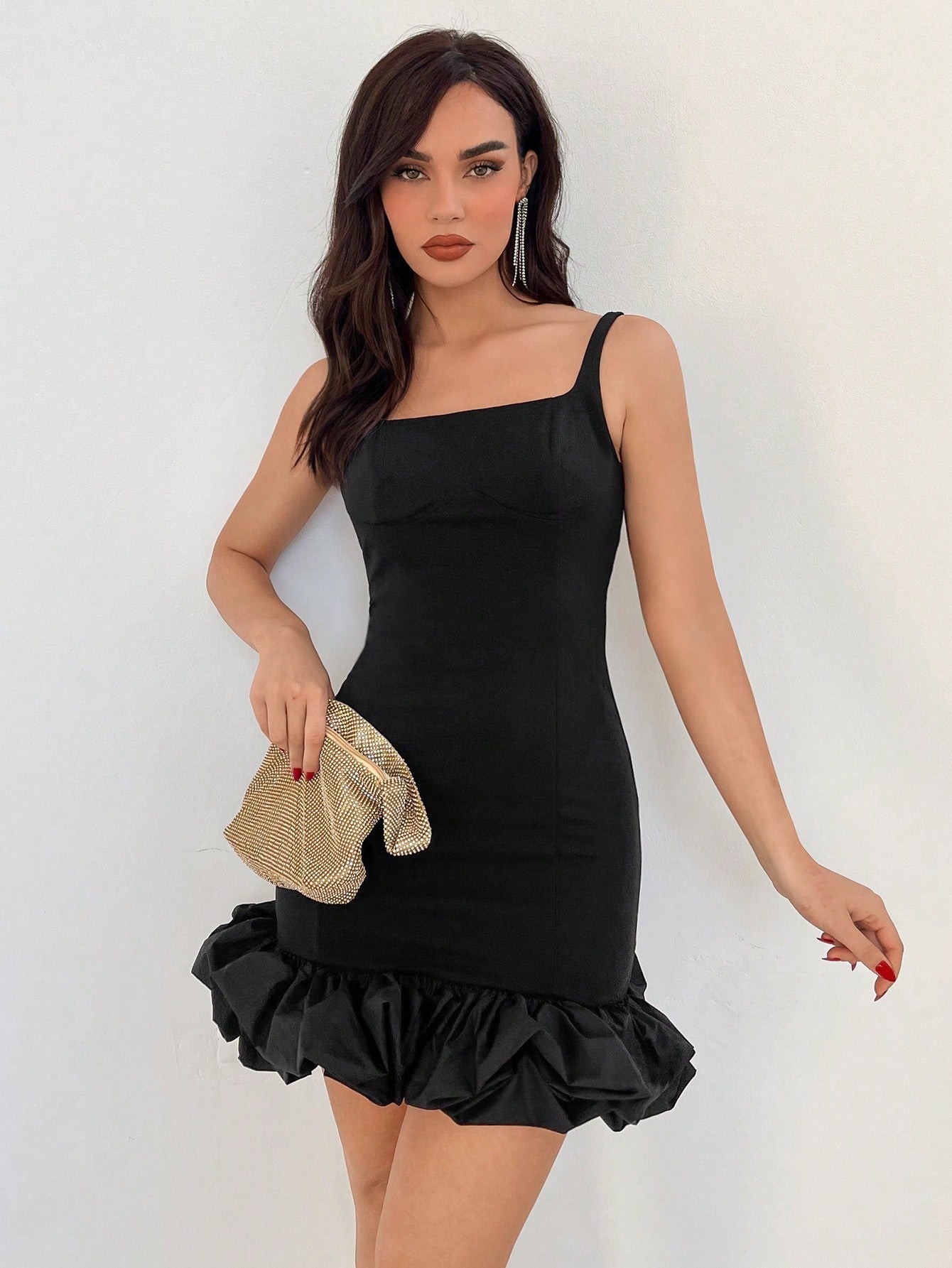 Women's Solid Color Ruffled Hem Spaghetti Strap Dress - Negative Apparel