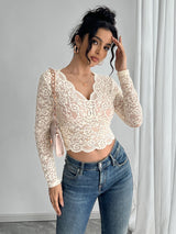 Women's solid color sexy lace V - neck long - sleeved T-shirt top - Negative Apparel