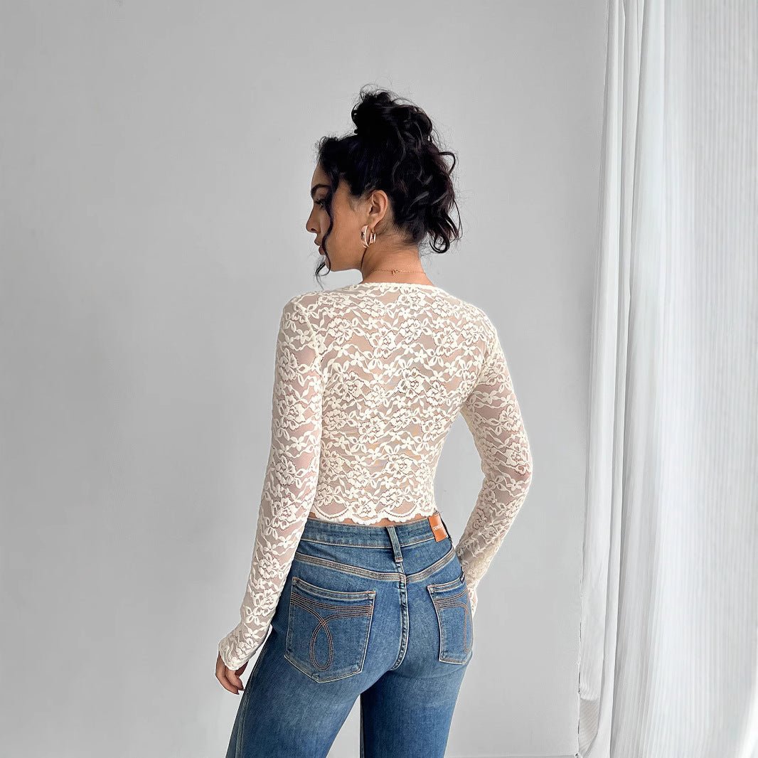 Women's solid color sexy lace V - neck long - sleeved T-shirt top - Negative Apparel