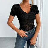 Women's solid color sexy lace V - neck short - sleeved lace bottoming shirt - Negative Apparel
