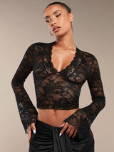 Women's solid color sexy transparent lace V - neck tight horn long - sleeved top - Negative Apparel