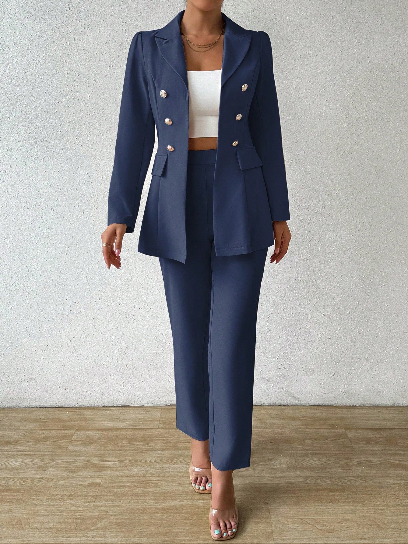 Women's Solid Color Stand Collar Metal Double - Breasted Long Sleeve Blazer And Pants Elegant Suit Set - Negative Apparel