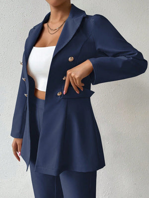 Women's Solid Color Stand Collar Metal Double - Breasted Long Sleeve Blazer And Pants Elegant Suit Set - Negative Apparel