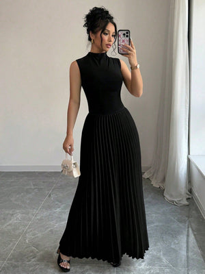 Women's Solid Color Standup Collar Pleated Hem Sleeveless Elegant Dress Maxi Women Outfit - Negative Apparel