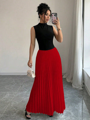 Women's Solid Color Standup Collar Pleated Hem Sleeveless Elegant Dress Maxi Women Outfit - Negative Apparel