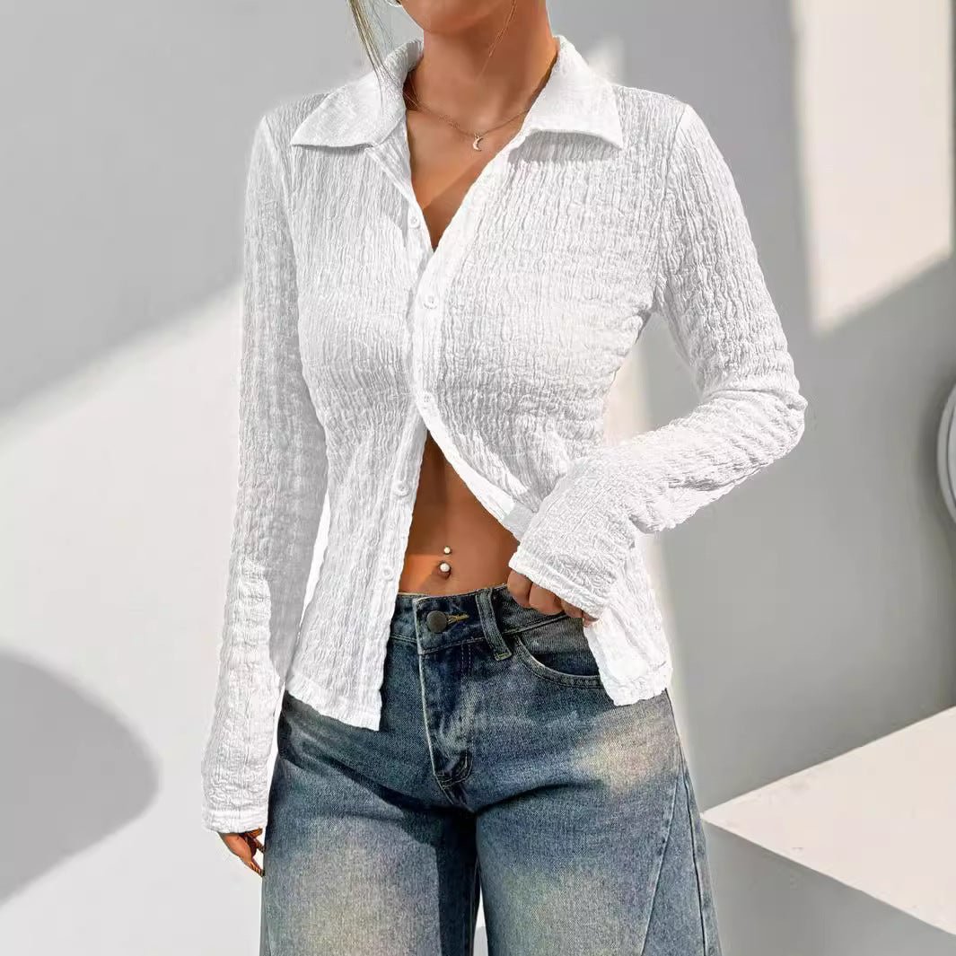 Women's solid color texture long - sleeved fashion shirt top women - Negative Apparel