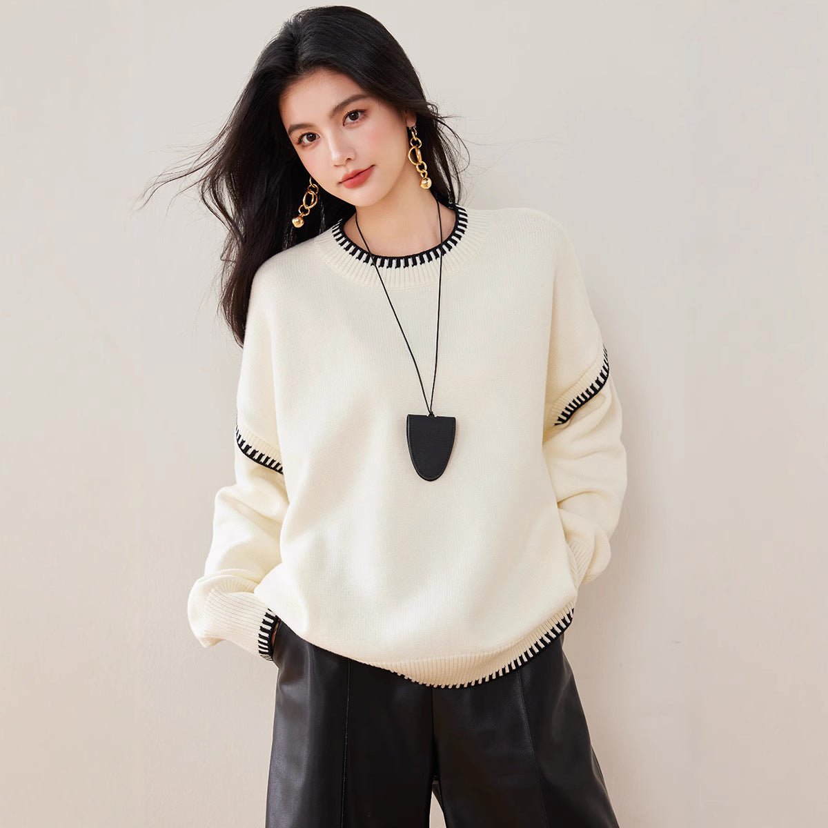 Women’s Solid Color Thick Knit Pullover Sweater – Loose Fit Lazy Wind Casual Crew Neck, Autumn 2025 - Negative Apparel