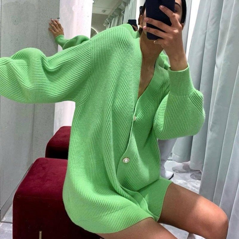 Women’s Solid Color V - Neck Cardigan Sweater – Loose Fit Bubble Sleeve Knitwear with Pearl Button Options - Negative Apparel