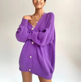 Women’s Solid Color V - Neck Cardigan Sweater – Loose Fit Bubble Sleeve Knitwear with Pearl Button Options - Negative Apparel
