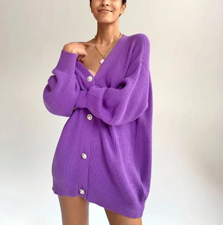 Women’s Solid Color V - Neck Cardigan Sweater – Loose Fit Bubble Sleeve Knitwear with Pearl Button Options - Negative Apparel