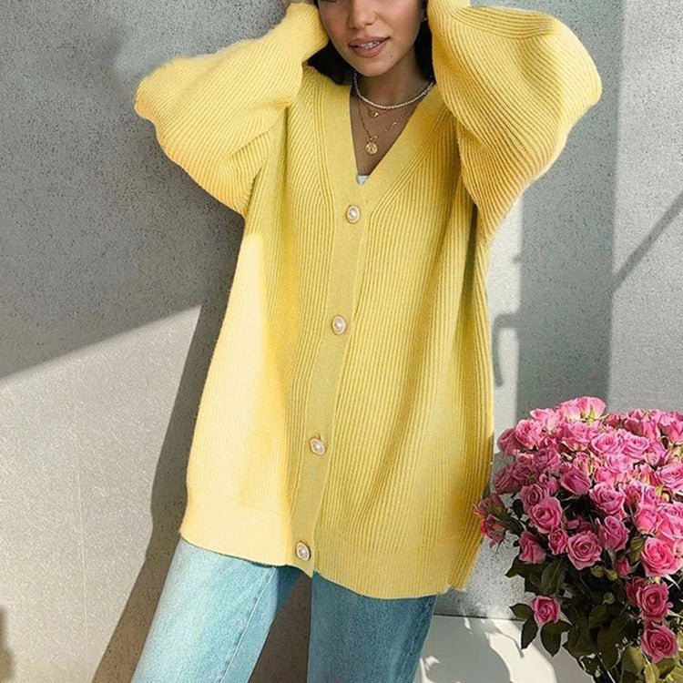 Women’s Solid Color V - Neck Cardigan Sweater – Loose Fit Bubble Sleeve Knitwear with Pearl Button Options - Negative Apparel