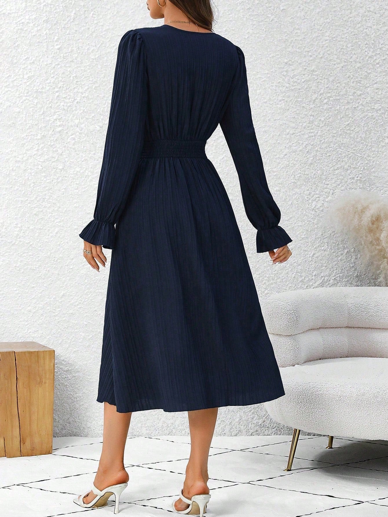 Women's Solid Color V - Neck Long Sleeve Pleated Casual Split Hem Dress Maxi Women Outfit - Negative Apparel