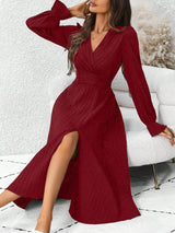 Women's Solid Color V - Neck Long Sleeve Pleated Casual Split Hem Dress Maxi Women Outfit - Negative Apparel