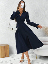 Women's Solid Color V - Neck Long Sleeve Pleated Casual Split Hem Dress Maxi Women Outfit - Negative Apparel