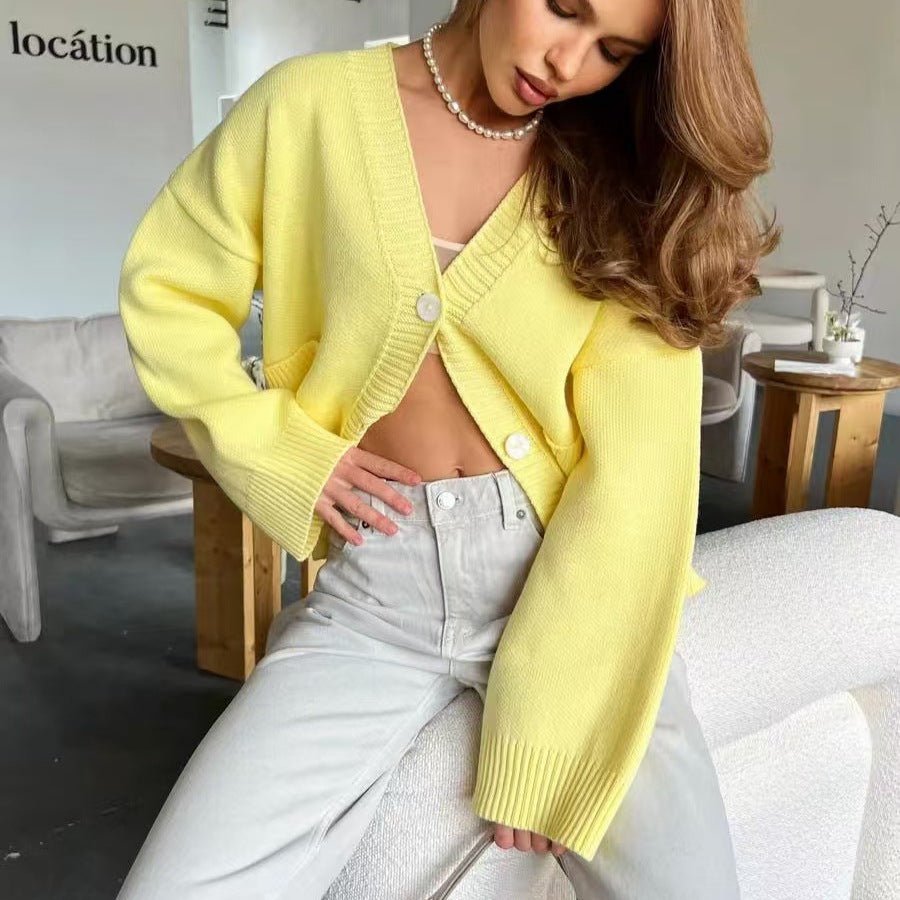 Women’s Solid Color V - Neck Pocket Cardigan Sweater – Loose Fit Acrylic Knitwear, Autumn 2025 Collection - Negative Apparel