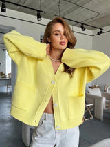 Women’s Solid Color V - Neck Pocket Cardigan Sweater – Loose Fit Acrylic Knitwear, Autumn 2025 Collection - Negative Apparel