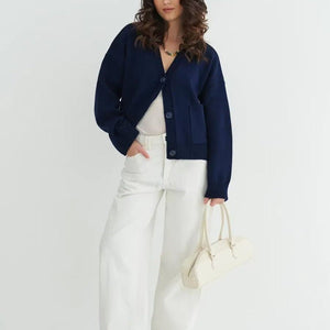Women’s Solid Color V - Neck Pocket Cardigan Sweater – Loose Fit Acrylic Knitwear, Autumn 2025 Collection - Negative Apparel