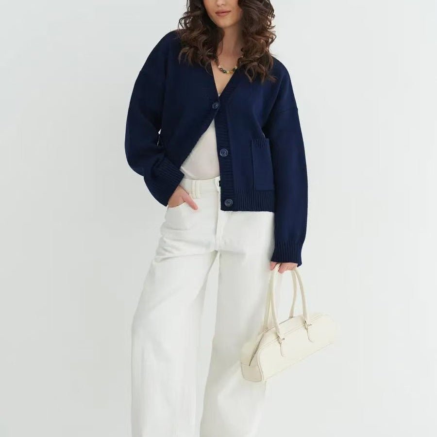 Women’s Solid Color V - Neck Pocket Cardigan Sweater – Loose Fit Acrylic Knitwear, Autumn 2025 Collection - Negative Apparel