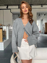 Women’s Solid Color V - Neck Pocket Cardigan Sweater – Loose Fit Acrylic Knitwear, Autumn 2025 Collection - Negative Apparel