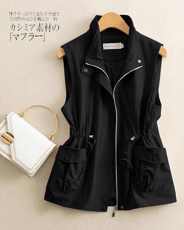 Women’s Solid Color Zipper Vest – Loose Fit Polo Collar Sleeveless Jacket | Elegant Commuter Style - Negative Apparel